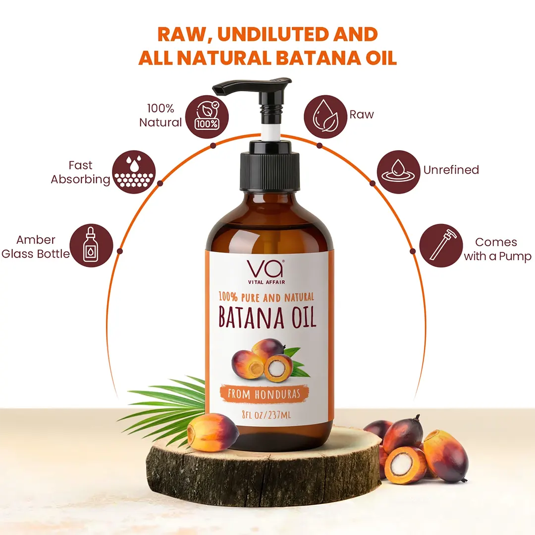 Amber glass pump bottle of VOA Vital Health Raw Undiluted and All Natural Batana Oil, displayed on a wooden slice with fresh plantain slices. The image includes marketing text and icons highlighting product features like being raw, unrefined, fast absorbing, and coming with an amber glass bottle.