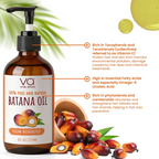 A bottle of VA Vital Affair Batana Oil with a black pump dispenser and amber glass bottle, shown alongside illustrations of palm fruits, a bowl of palm oil, and text highlighting its health benefits. A green leafy sprig and a drop of oil are also depicted on a white background.