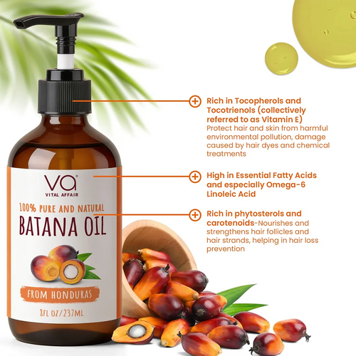 A bottle of VA Vital Affair Batana Oil with a black pump dispenser and amber glass bottle, shown alongside illustrations of palm fruits, a bowl of palm oil, and text highlighting its health benefits. A green leafy sprig and a drop of oil are also depicted on a white background.