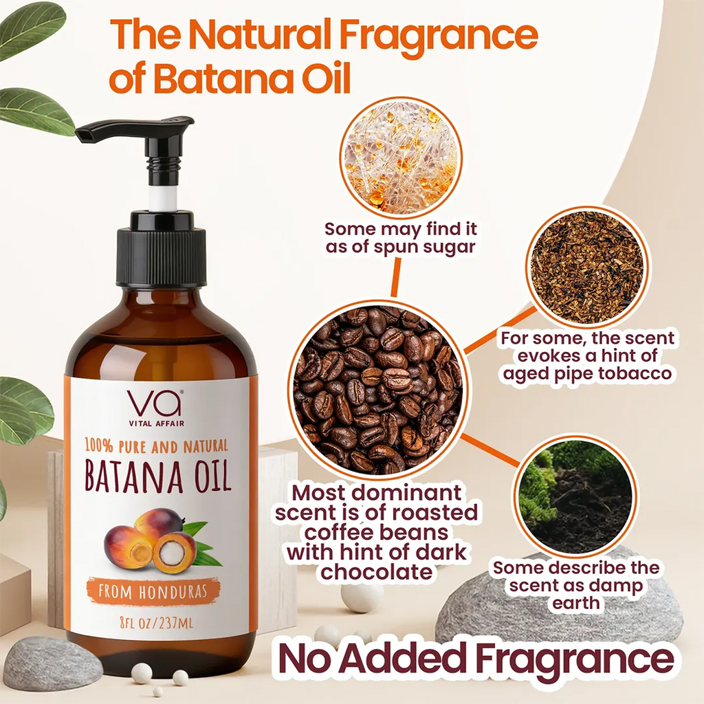 A pump bottle of VQ Vital Appliance Batana Oil on a beige background with informational callouts about the scent and ingredients. The amber bottle has a black pump and a white label with orange and brown text.