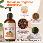 A pump bottle of VQ Vital Appliance Batana Oil on a beige background with informational callouts about the scent and ingredients. The amber bottle has a black pump and a white label with orange and brown text.