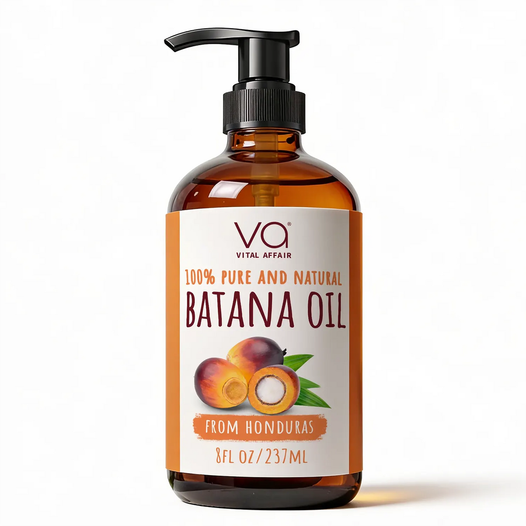 An 8 fl oz amber glass pump bottle of Vital Affair Batana Oil with a black pump dispenser and a cream label featuring orange accents and a picture of a batana fruit.