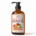 An 8 fl oz amber glass pump bottle of Vital Affair Batana Oil with a black pump dispenser and a cream label featuring orange accents and a picture of a batana fruit.