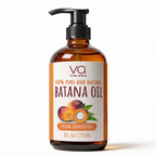 An 8 fl oz amber glass pump bottle of Vital Affair Batana Oil with a black pump dispenser and a cream label featuring orange accents and a picture of a batana fruit.