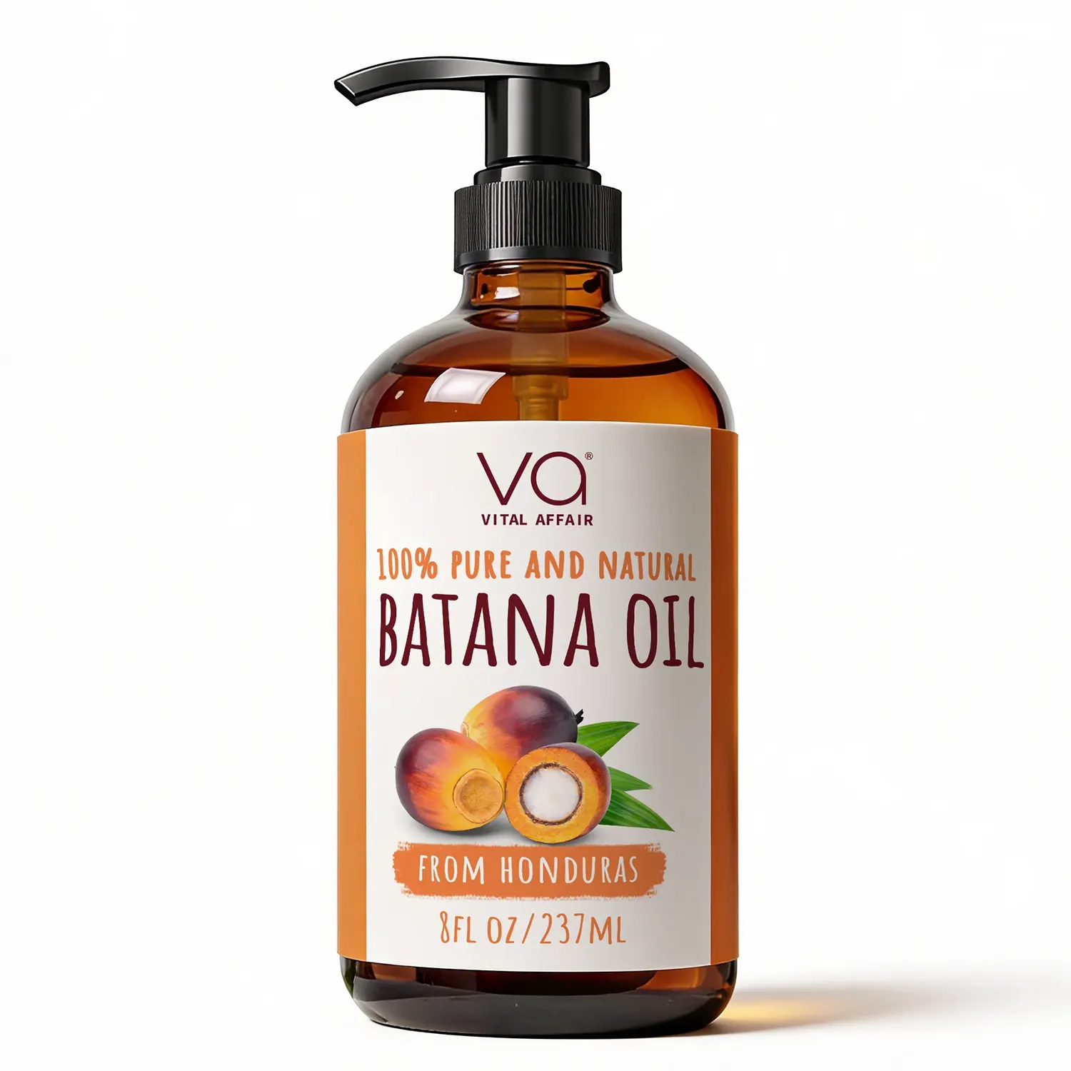 An 8 fl oz amber glass pump bottle of Vital Affair Batana Oil with a black pump dispenser and a cream label featuring orange accents and a picture of a batana fruit.