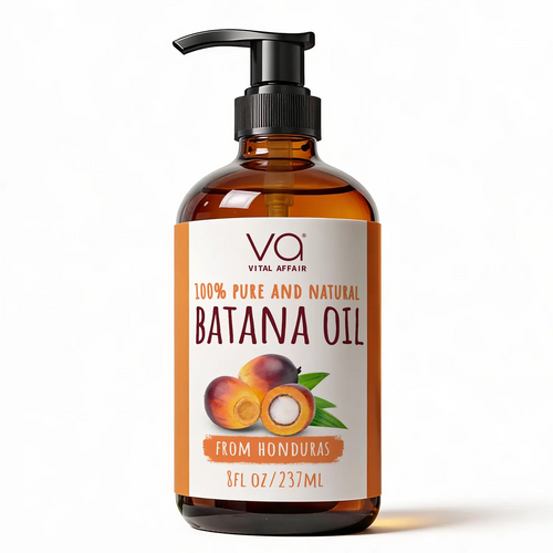 An 8 fl oz amber glass pump bottle of Vital Affair Batana Oil with a black pump dispenser and a cream label featuring orange accents and a picture of a batana fruit.