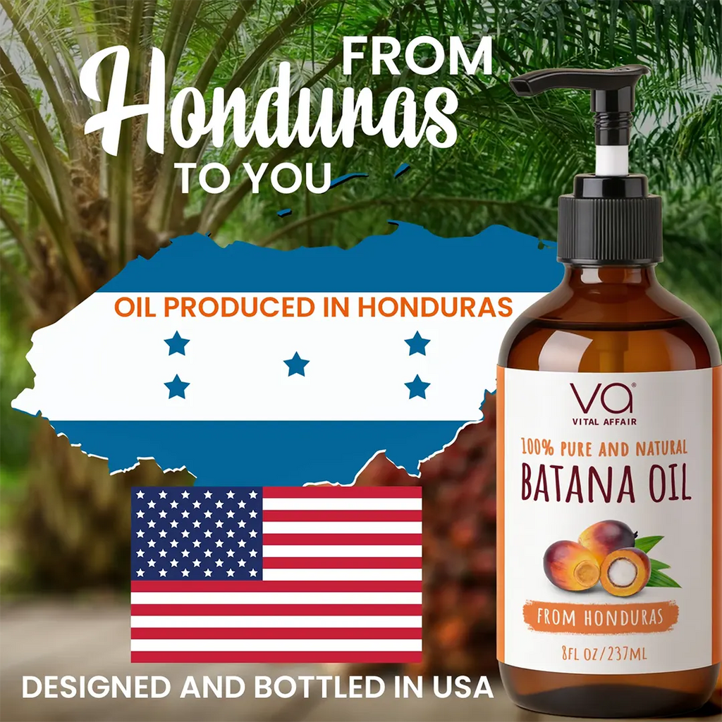 Amber glass pump bottle of VA Vital Affairs Batana Oil on the right, with promotional text and graphics on the left including 'FROM Honduras TO YOU', a Honduras map shape with the Honduran flag, and an American flag over a tropical background.