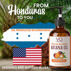 Amber glass pump bottle of VA Vital Affairs Batana Oil on the right, with promotional text and graphics on the left including 'FROM Honduras TO YOU', a Honduras map shape with the Honduran flag, and an American flag over a tropical background.