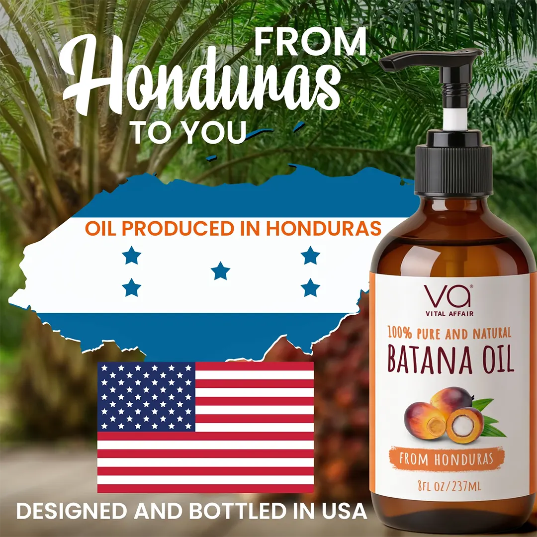 Amber glass pump bottle of VA Vital Affairs Batana Oil on the right, with promotional text and graphics on the left including 'FROM Honduras TO YOU', a Honduras map shape with the Honduran flag, and an American flag over a tropical background.