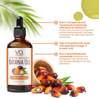 A bottle of VA Vital Affair Batana Oil with a dropper cap, shown alongside a small wooden bowl and scattered ripe batana fruits on a white background with green palm leaves. Text callouts describe the oil's benefits.