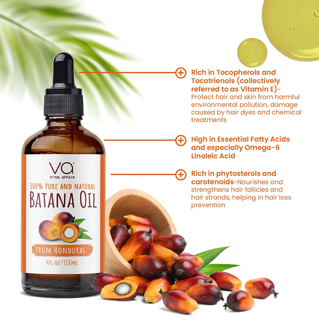 A bottle of VA Vital Affair Batana Oil with a dropper cap, shown alongside a small wooden bowl and scattered ripe batana fruits on a white background with green palm leaves. Text callouts describe the oil's benefits.