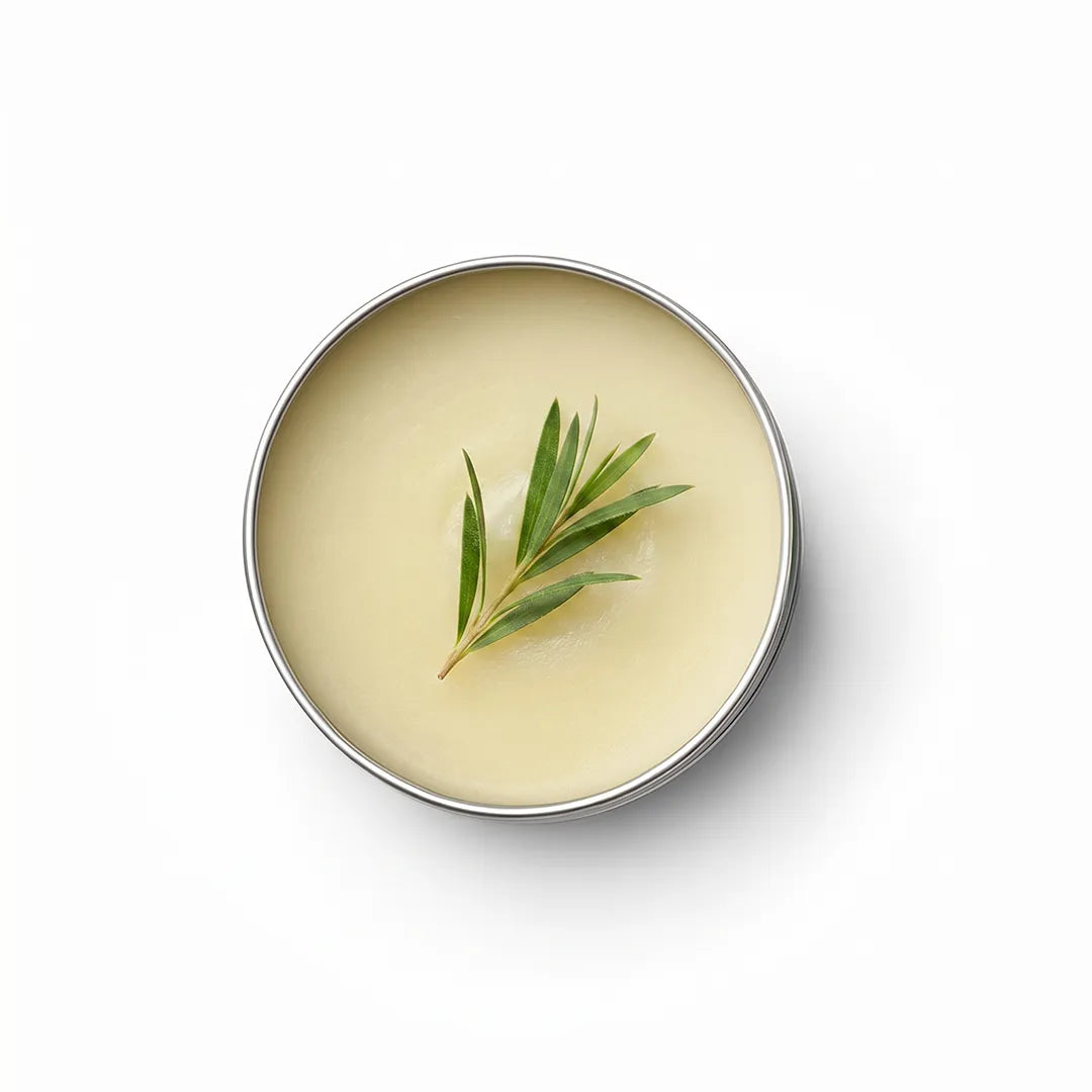 A round metal tin filled with Vital Affair Tea Tree Balm, topped with a small green herb sprig, photographed from above on a white background.